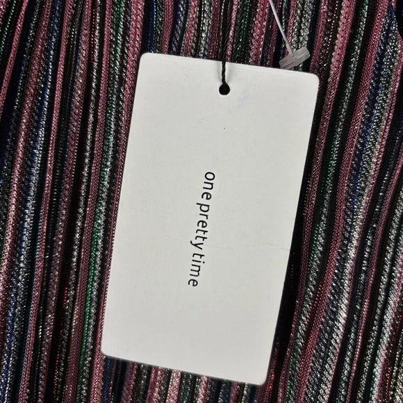 NWT O.P.T Women’s Metallic Striped Ruffle Long Sleeve Smock Neck Party Dress, XL - Picture 9 of 15